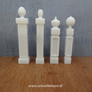 spijlen, eindspijl , balustrade, trap, traphek, poppenhuis, miniatuur, resin, zelf schilderen, meubels, ledikant