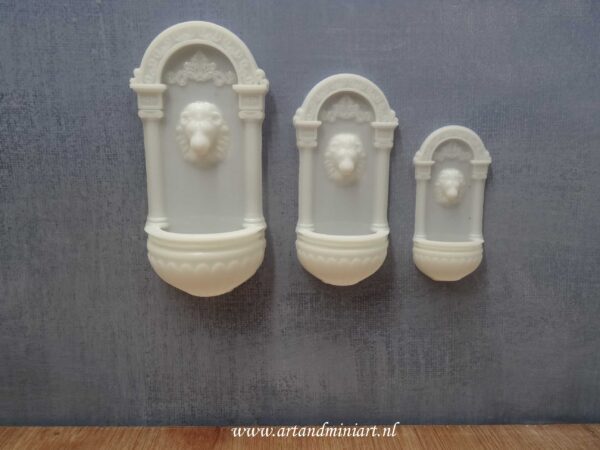 fontein, waterornament, muurfontein, poppenhuis, miniaturen, 1:12, resin, 3d print