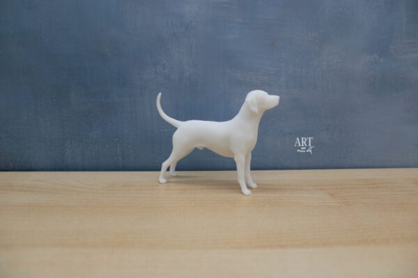 1:12 schaal miniatuur van een Dalmatier reu, met de afmetingen 8,2 cm x 2 cm x 7,1 cm. Gedetailleerd model van het iconische zwart-witte hondenras, bekend om zijn energie en gracieuze bouw.