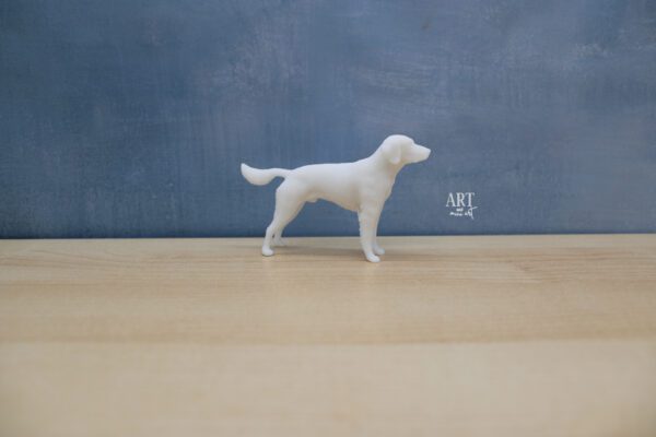 1:12 schaal miniatuur van een Heidewachtel hond, verkrijgbaar in zowel reu als teef. Gedetailleerd model met de afmetingen 8,4 cm x 1,7 cm x 5,5 cm, gebaseerd op het actieve en vriendelijke jachthondenras.